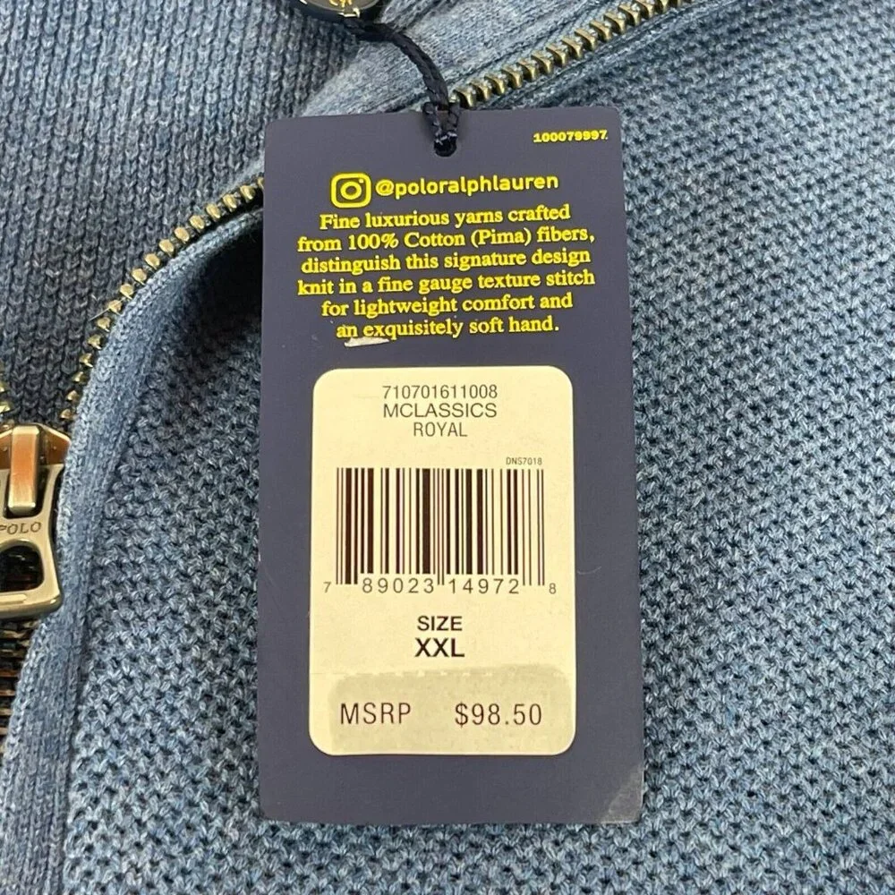 Ralph Lauren Polo Pony Sweater Sz 2XL‎ Mens Blue Pima Cotton Zip
